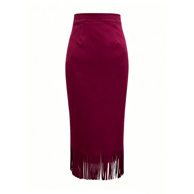 Women’s A-Line Fringe Hem Midi Skirt | Elegant Solid Color Versatile Skirt | Modern High-Waisted Casual Party Skirt | Trendy Fringed Hemline A-Line Bottoms | 2026 High-Sense Fashion Midi Skirt