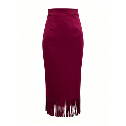 Women’s A-Line Fringe Hem Midi Skirt | Elegant Solid Color Versatile Skirt | Modern High-Waisted Casual Party Skirt | Trendy Fringed Hemline A-Line Bottoms | 2026 High-Sense Fashion Midi Skirt