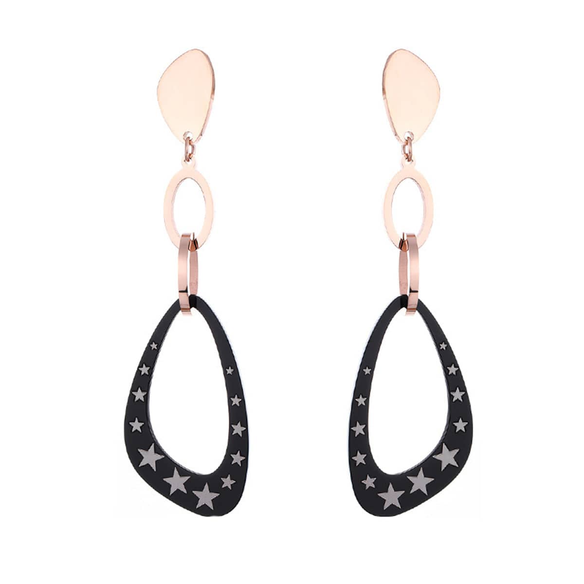 Black Acrylic & Rose Goldtone Star Triangle Drop Earrings