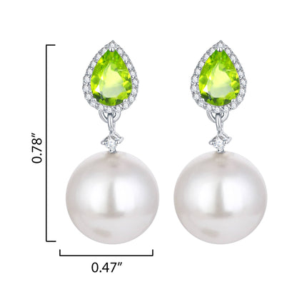 Sterling Silver Shell Pearl, Natural Peridot and White Topaz Drop Earrings
