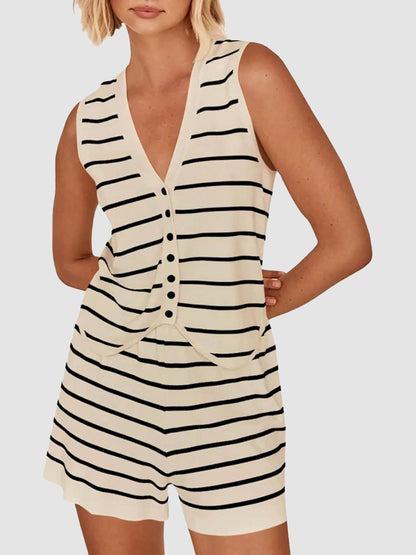 Women's Striped Knit V Neck Button Vest & Shorts 2 Piece Lounge Set