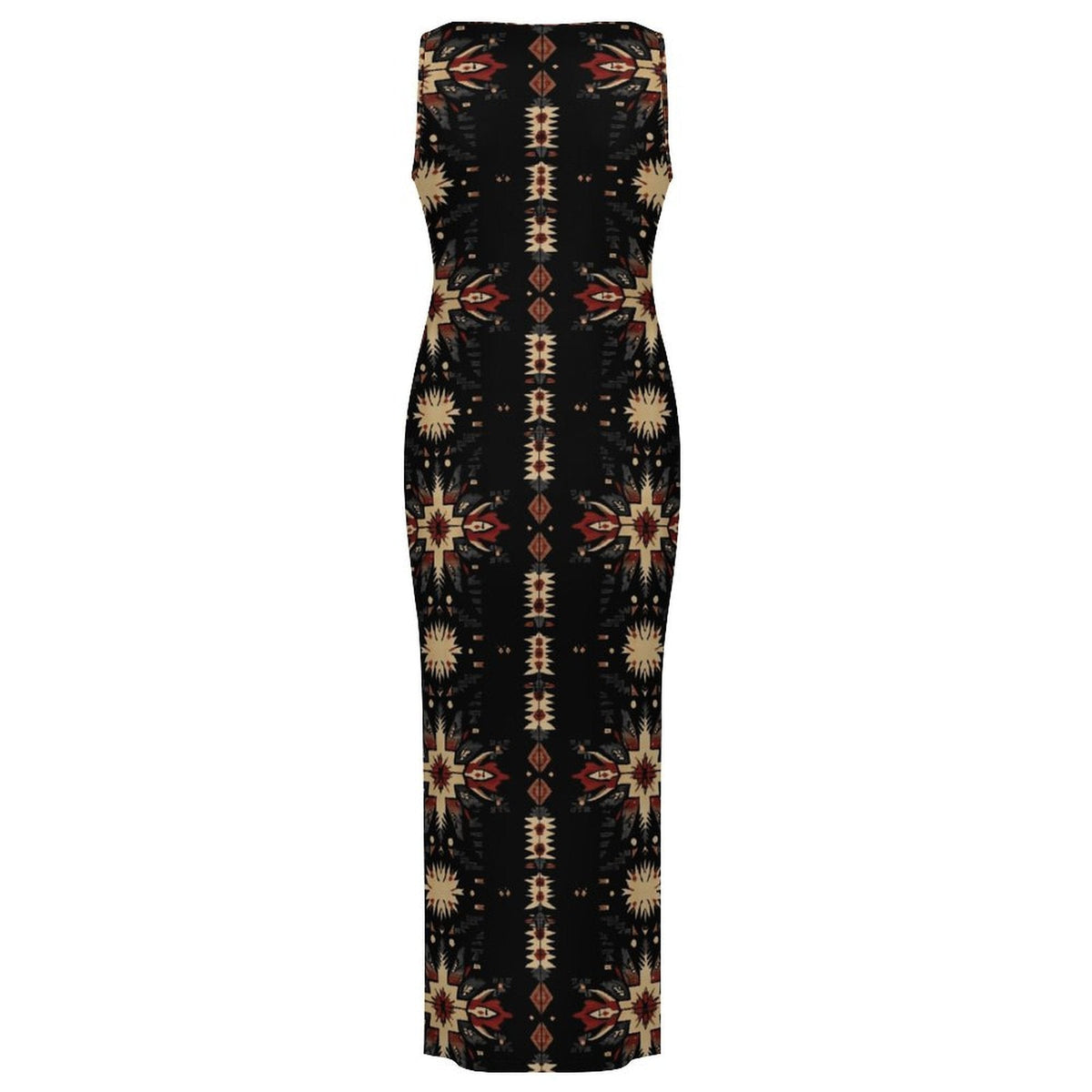 Baha Ranch Black and Tan Aztec Bodycon Side Slit Western Maxi Dress