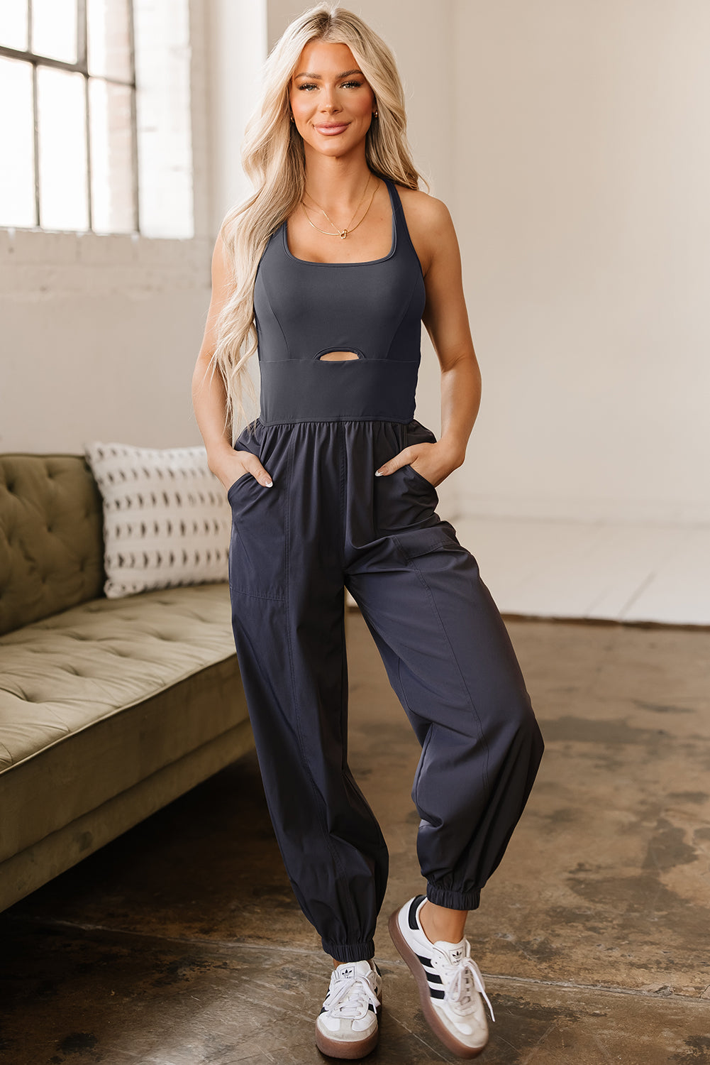 Threaded Pear Avianna Back Crossed Straps Hollow Out Jogger Jumpsuit