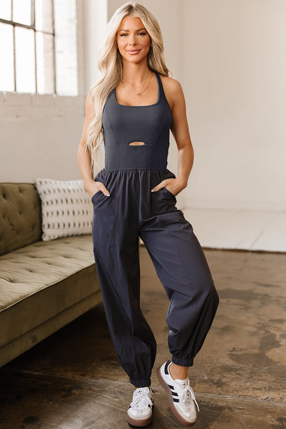 Threaded Pear Avianna Back Crossed Straps Hollow Out Jogger Jumpsuit
