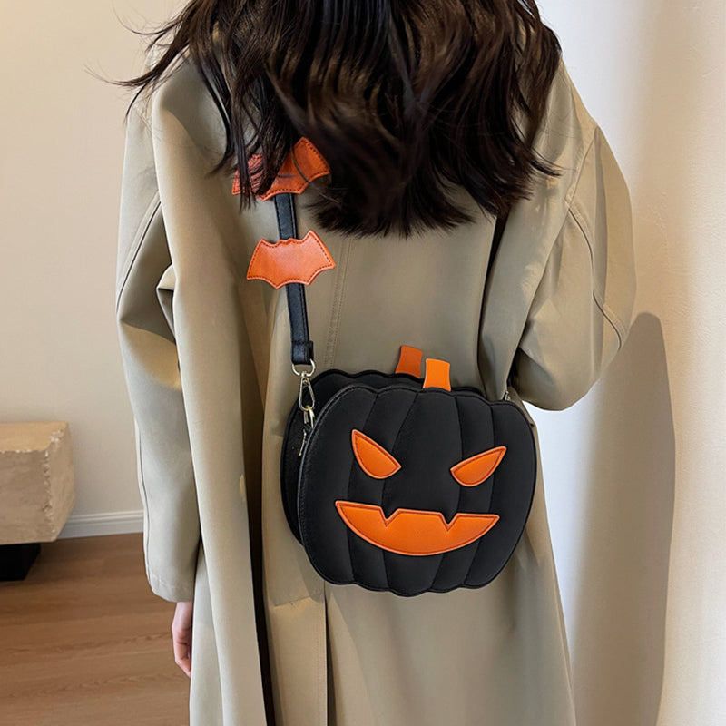 Halloween Funny Pumpkin Crossbody Bag | Creative Cartoon Pumpkin Purse with Bat Wings | Personalized Fall Festival Shoulder Bag | Whimsical Holiday Party Bag for Women & Teens