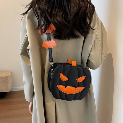 Halloween Funny Pumpkin Crossbody Bag | Creative Cartoon Pumpkin Purse with Bat Wings | Personalized Fall Festival Shoulder Bag | Whimsical Holiday Party Bag for Women & Teens