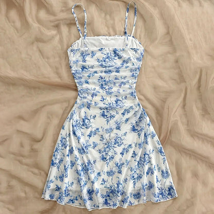 Boho Floral Spaghetti Strap Mini Dress – Ruched Ruffle Hem Vacation Sundress