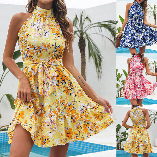 Women’s New Floral Print Halterneck Dress | Elegant Summer Lace-Up Ruffled Dress | Trendy Backless Floral Maxi | High-Sense Temperament Party Dress for Women