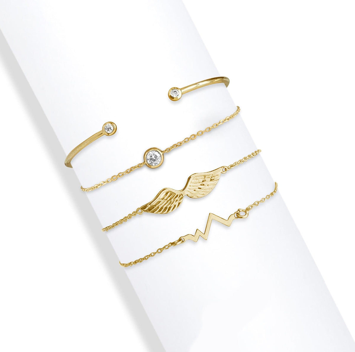 Gold Clear Angel Wings & Heartbeat Swarovski Crystal Bracelet – Set Of 4 Bracelets Bangles