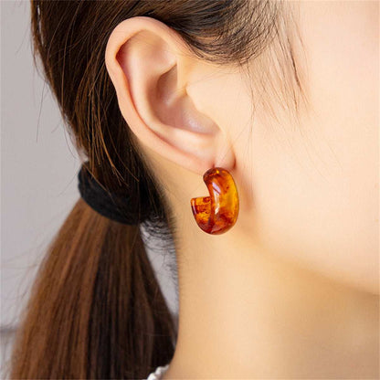 Amber Resin & Silvertone Huggie Earrings