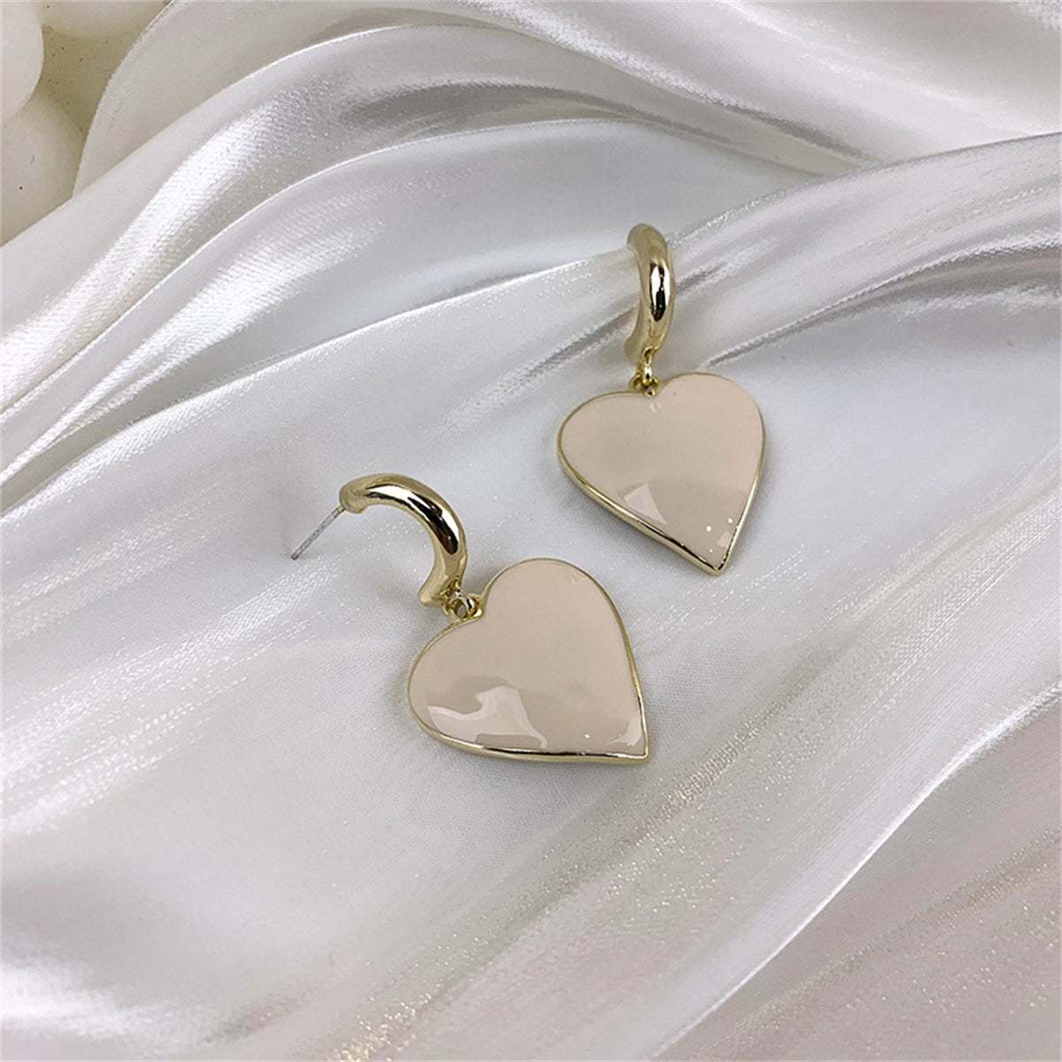 Beige Enamel & Goldtone Heart Drop Earrings