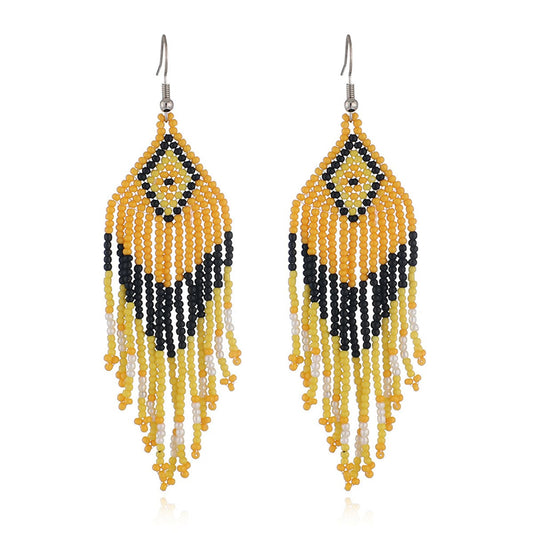 Yellow & Black Howlite Rhombus Tassel Drop Earrings