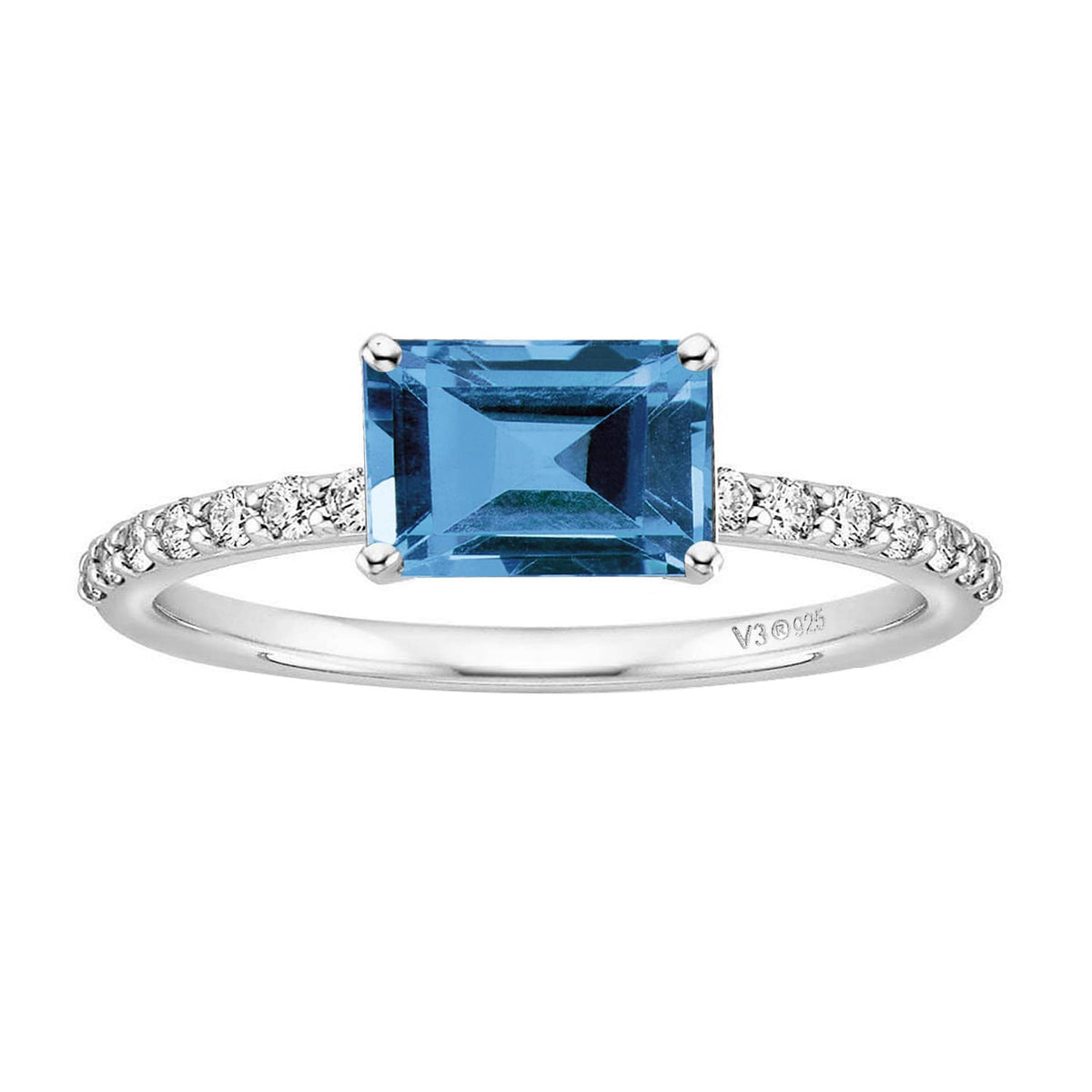 Sterling Silver Emerald Cut Natural London Blue Topaz and White Topaz Engagement Ring