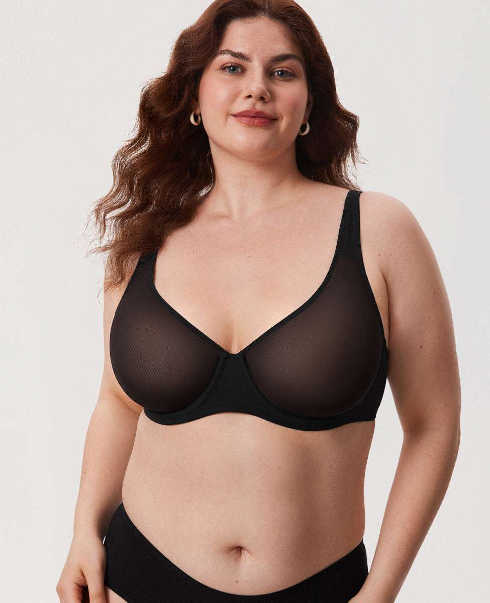 Cosnufy Sheer Mesh Balconette Underwire Full Coverage Unlined Bra