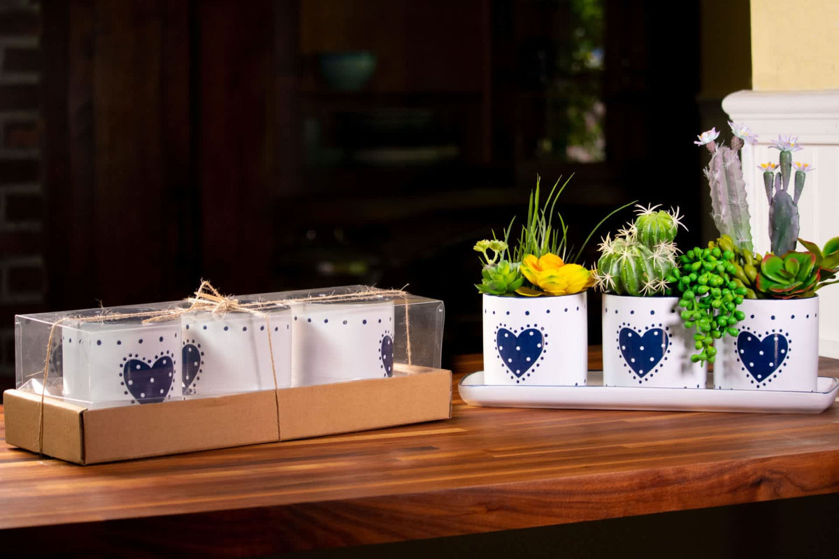 Country Heart Set Of 4" Planters W/Tray