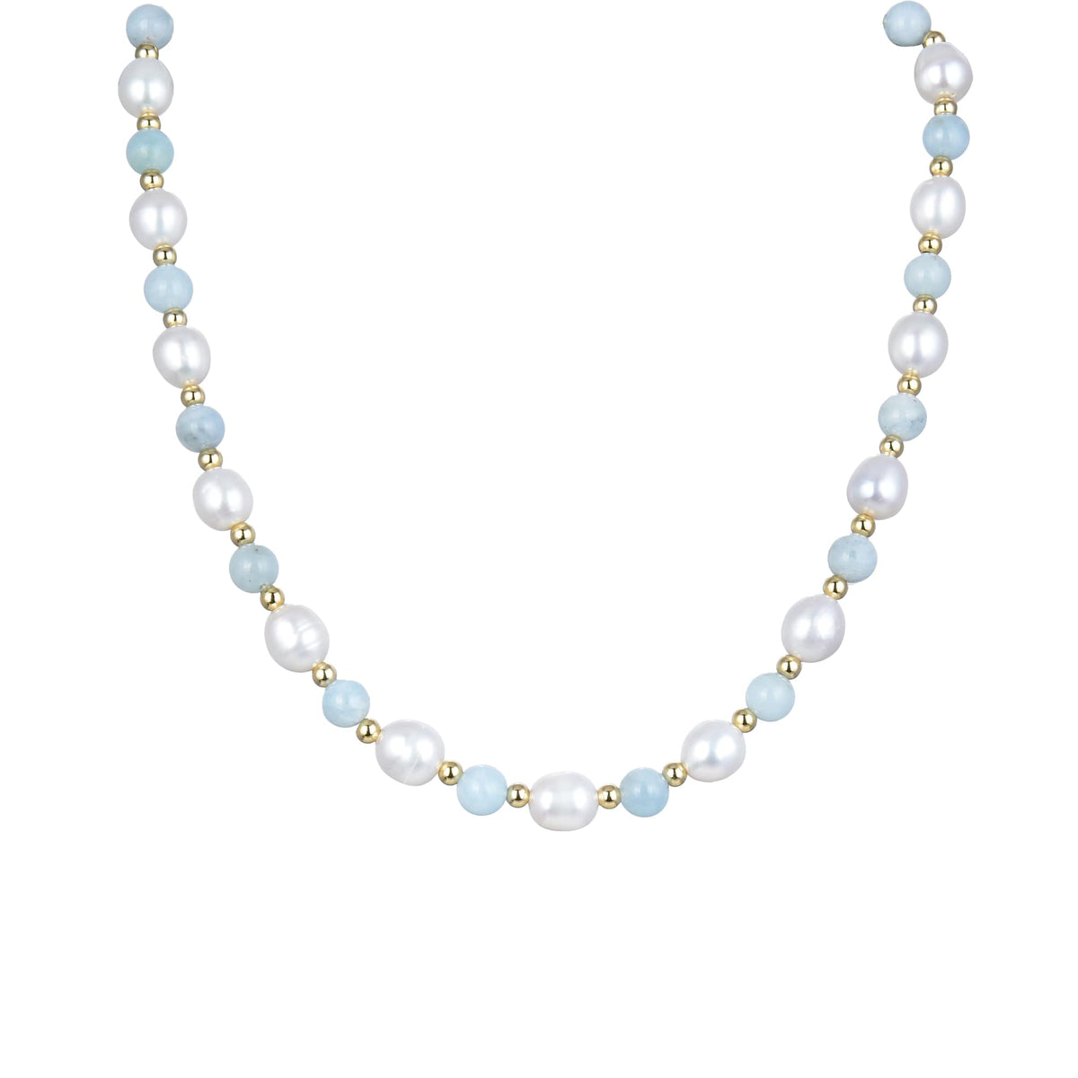 18K Plated Sterling Silver Natural Aquamarine, Pearl and Silver Beads Beaded Necklace