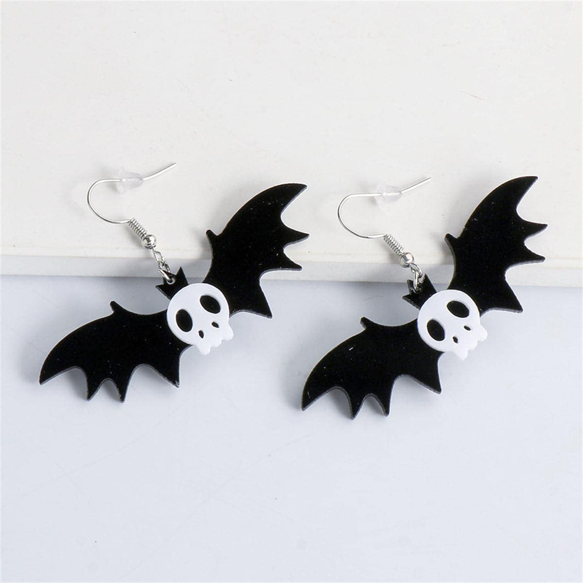 Black Acrylic & Silvertone Bat Drop Earrings