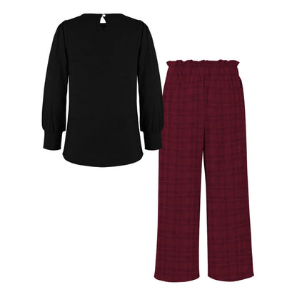 Black Bishop-Sleeve Top & Burgundy Plaid Wide-Leg Pants