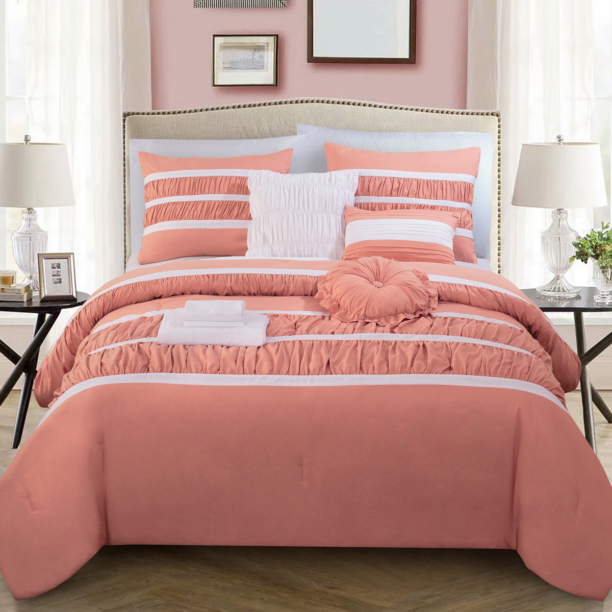 Elegant Comfort 12-Piece Isabella Pleated Ruched Ruffled Comforter Set, Includes 6-Piece Sheet Set with Double Sided Storage Pockets