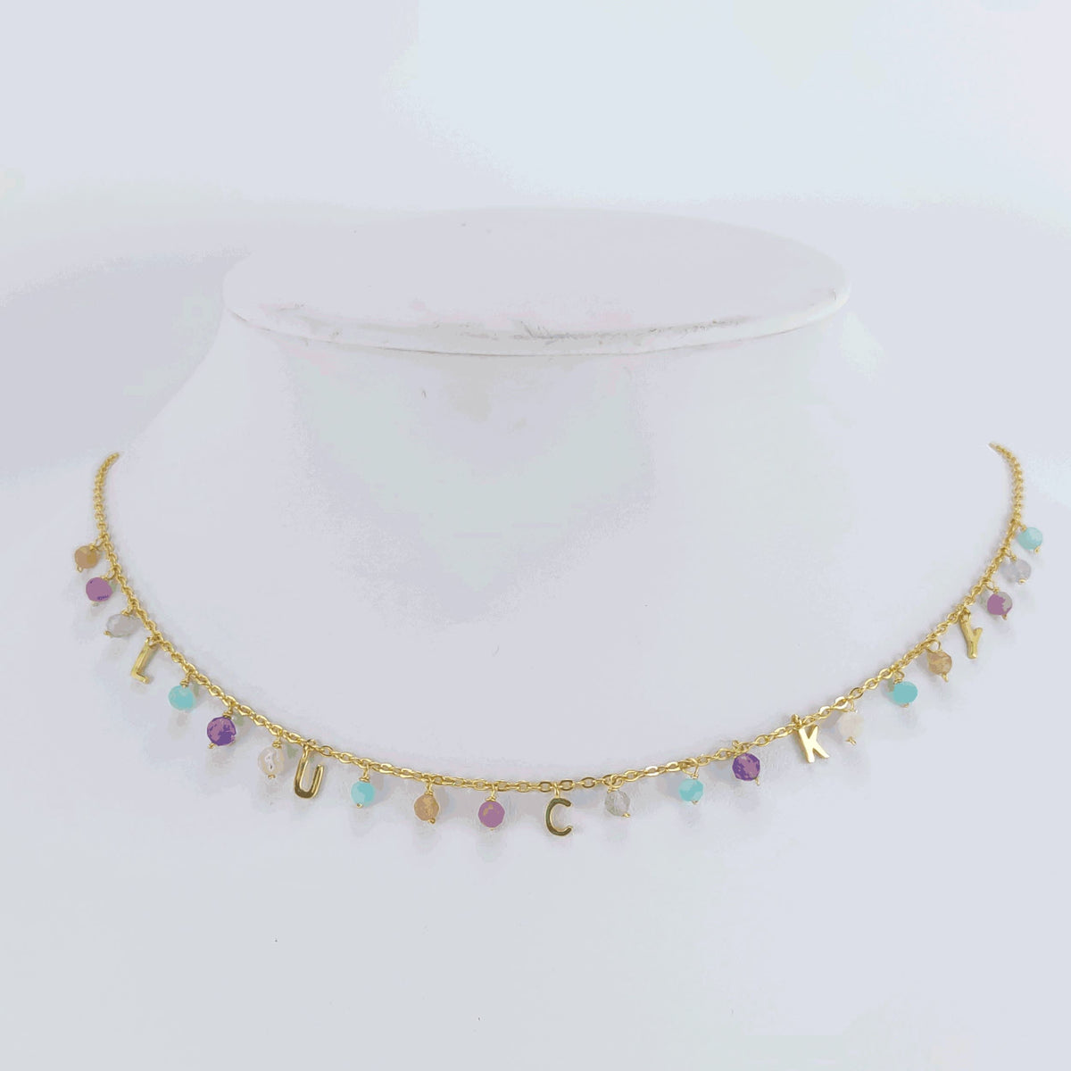 Gold Over Sterling Silver Natural Amazonite, Labradorite, Red Tourmaline, Orange Moonstone, Pink Opal and Amethyst Lucky Necklace 18"