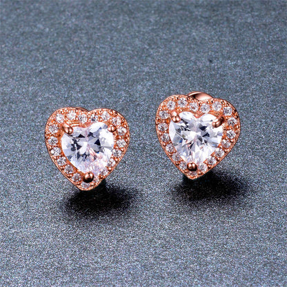 Clear Crystal & Cubic Zirconia Rose Goldtone Halo Heart Stud Earrings