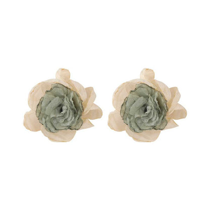 Beige & Green Chiffon Layered Floral Stud Earrings
