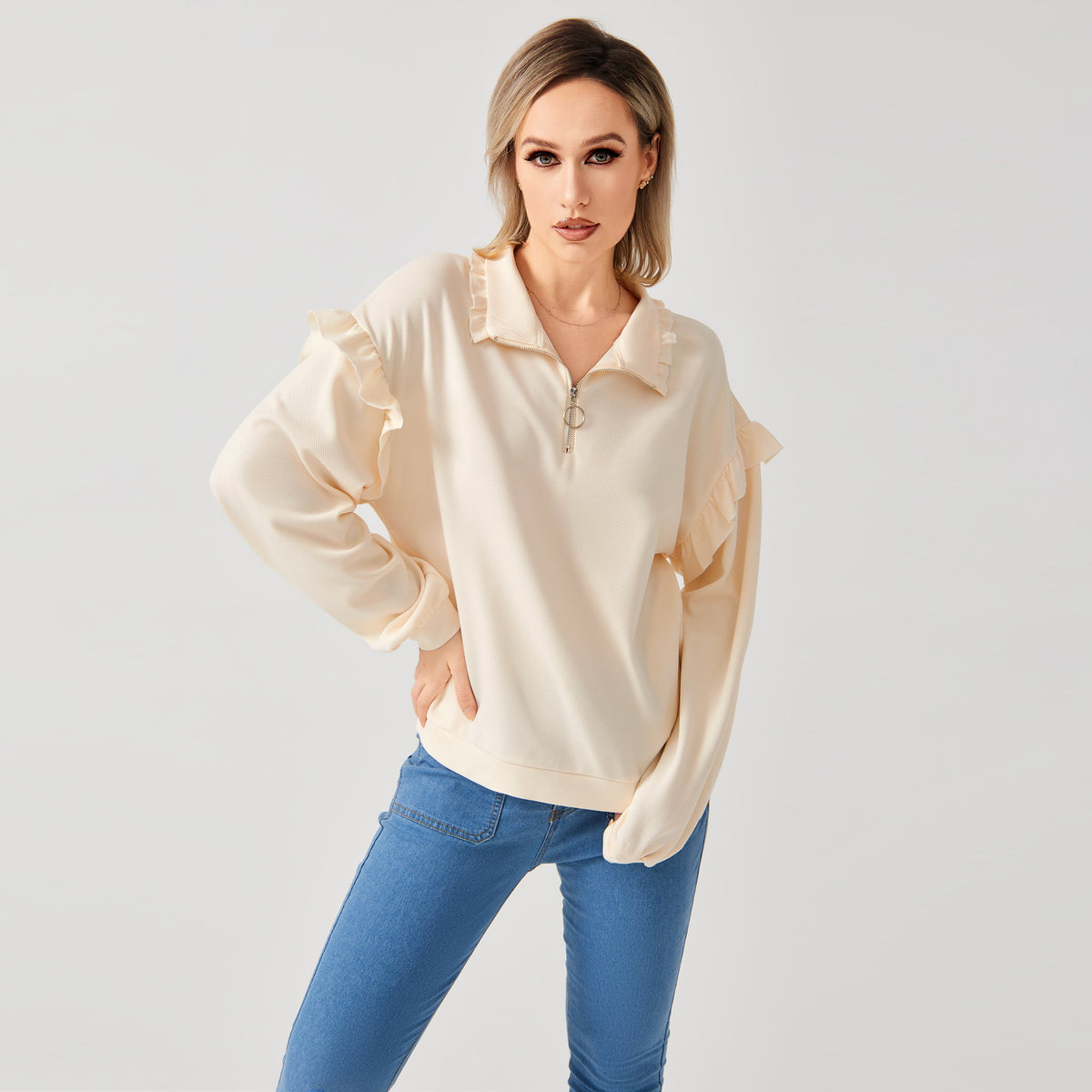 Women’s Casual Ruffle Trim Half-Zip Sweatshirt | Trendy Frill Detail Quarter-Zip Pullover | Elegant Long Sleeve Sporty Sweatshirt | Modern Loose Fit Ruffled Jumper | 2026 Stylish Fall/Winter Streetwear