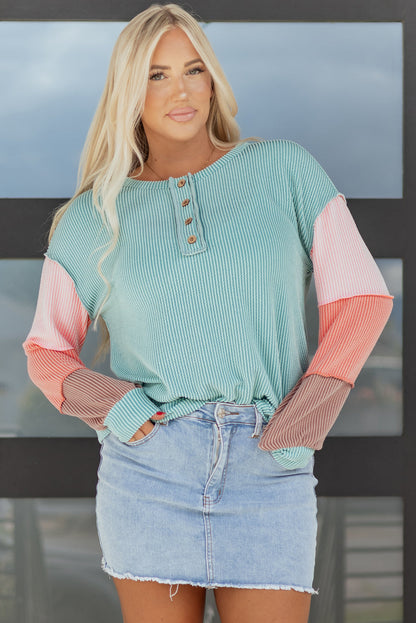 Threaded Pear Aria Knit Colorblock Henley Top