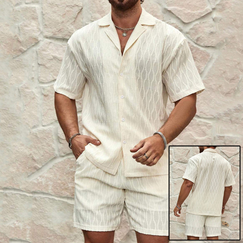 Men’s Summer Fashion Two-Piece Tracksuit | High-Sense Solid Loose Casual Lapel Shirt & Shorts | Trendy Minimalist Beach Holiday Outfit | Luxury-Label Statuesque Radiant Resort Wear | 2026 High-Fashion Emerald-Luxe Essential