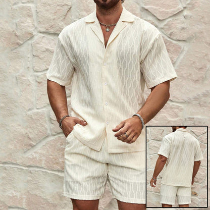 Men’s Summer Fashion Two-Piece Tracksuit | High-Sense Solid Loose Casual Lapel Shirt & Shorts | Trendy Minimalist Beach Holiday Outfit | Luxury-Label Statuesque Radiant Resort Wear | 2026 High-Fashion Emerald-Luxe Essential