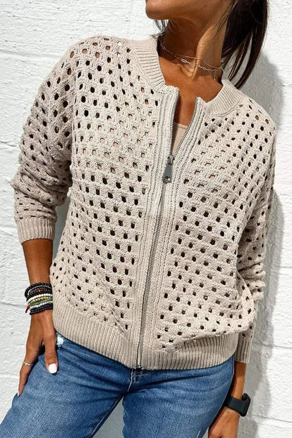 Women’s Fashion Hollow Knitted Zip-Up Jacket | Long-Sleeved Breathable Crochet Top | Trendy Lightweight Knit Cardigan | Modern Urban Layering Jacket for Women