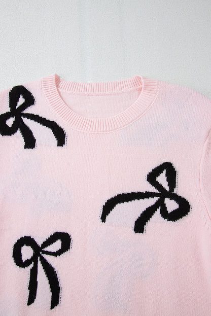 Threaded Pear Pink Bow Knitted Loose Fit Sweater