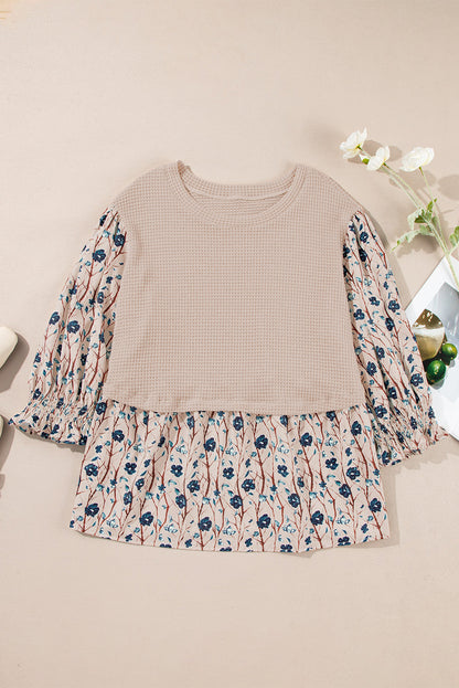 Threaded Pear Beige Faux Two Piece Knit Patchwork Floral Print Plus Size Top
