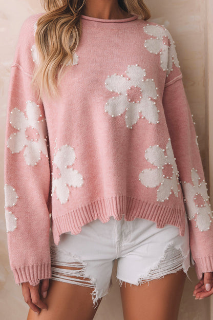 Threaded Pear Jaycee Pearl Beaded Floral Drop Shoulder Sweater