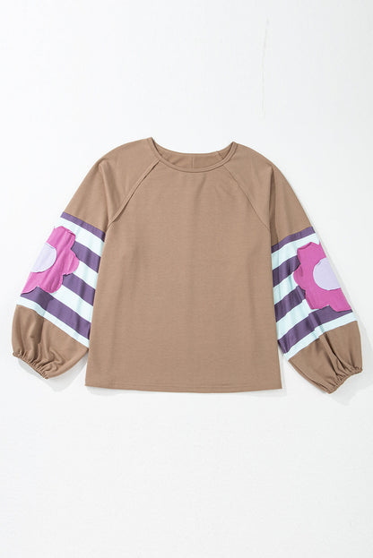 Threaded Pear Light French Beige Flower Striped Patchwork Puff Sleeve Loose PLUS Sweatshirt