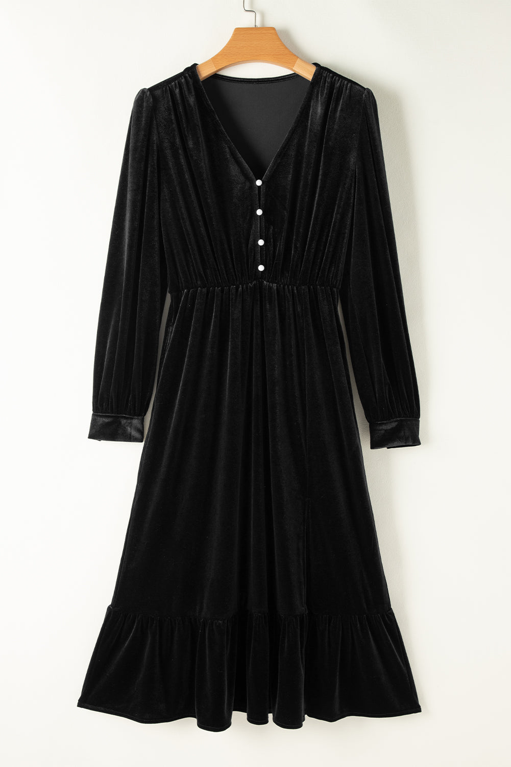 Threaded Pear Olivia Velvet Buttoned Puff Sleeve V Neck Split Midi Dress