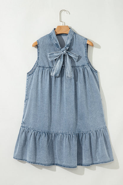Threaded Pear Clare Sleeveless Ruffled Chambray Dress