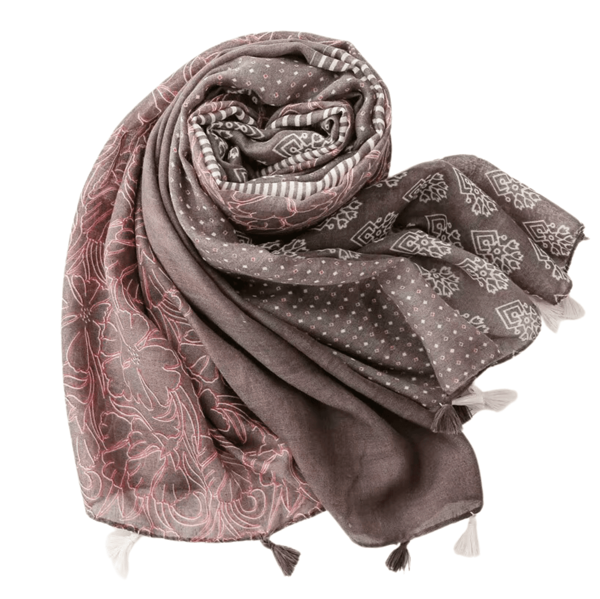 Elegant Multi-Pattern Tassel Scarf in Earthy Tones