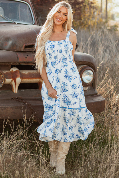 Threaded Pear Kai Floral Shirred Knot Shoulder Sleeveless Long Dress