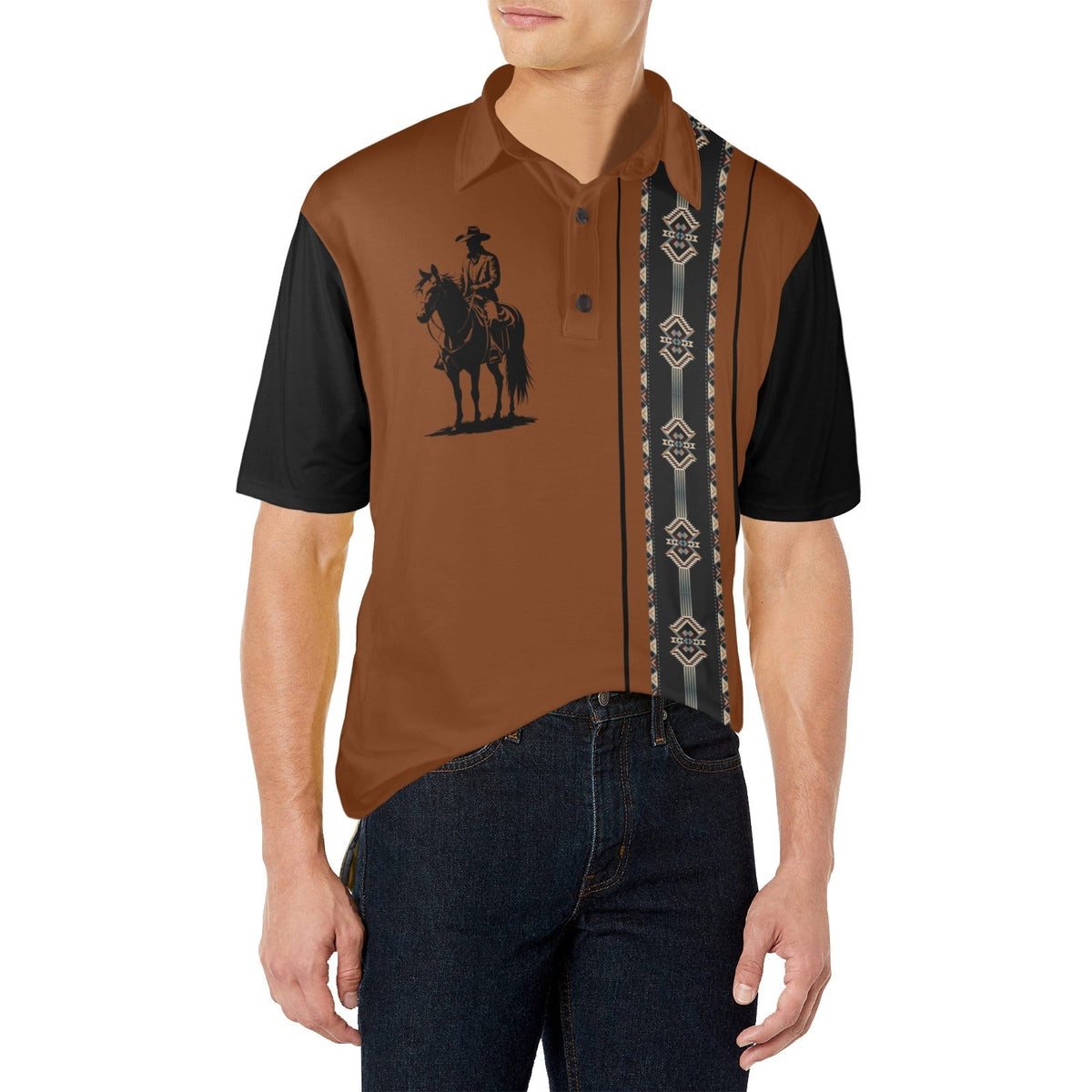 Baha Ranch Brown Aztec Cowboy Western Polo Shirt