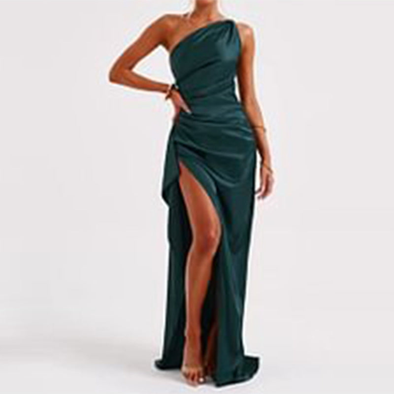 Women’s One-Shoulder Backless Satin Slit Dress | High-Sense Elegant Slim-Fit Summer Gown | Trendy Minimalist Solid Color Evening Dress | Luxury-Label Statuesque Formal Wear | 2026 High-Fashion Radiant Party Dress