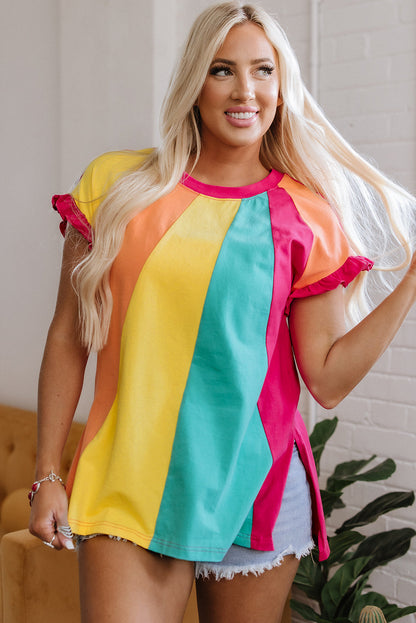 Threaded Pear Stormi Color Block Ruffled Crew Neck Loose Fit Top