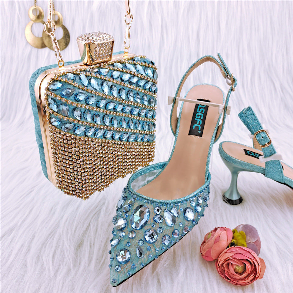 Luxury Ladies Party Sandals & Diamond Clutch Set | Sparkling Rhinestone Evening Heels & Matching Bag | Glamorous Wedding Party Footwear & Accessory Suite | "Iced-Out" Gala Duo