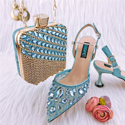 Luxury Ladies Party Sandals & Diamond Clutch Set | Sparkling Rhinestone Evening Heels & Matching Bag | Glamorous Wedding Party Footwear & Accessory Suite | "Iced-Out" Gala Duo