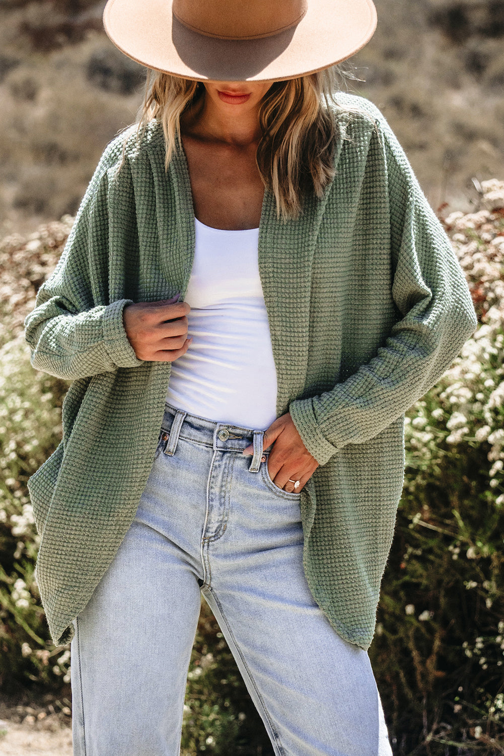 Threaded Pear Waffle Knit Open Front Cardigan