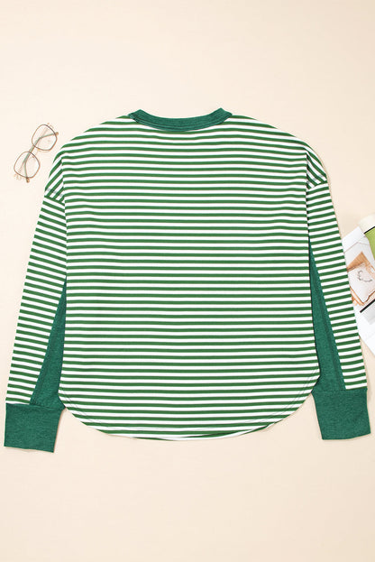 Threaded Pear Green Stripe Exposed Seam Patchwork Plus Size Thermal Top