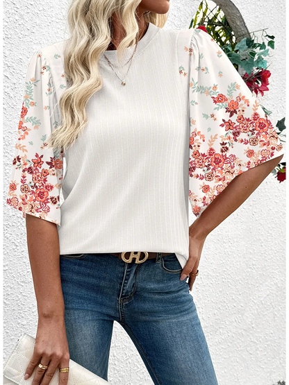 Women's Boho Floral Patchwork 3/4 Sleeve Blouse
