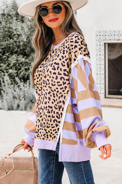 Threaded Pear Olivia Stripe Leopard Casual Sweatshirt