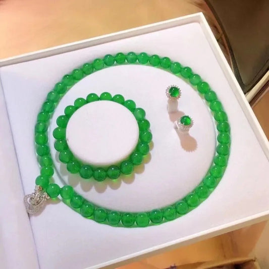 Emperor Green Chalcedony Jewelry Set | Luxury Ball Bead Bracelet, Necklace & Eardrops Suit | Premium High-Sense Gemstone Jewelry for Women | Elegant Heritage Style Accessories Set