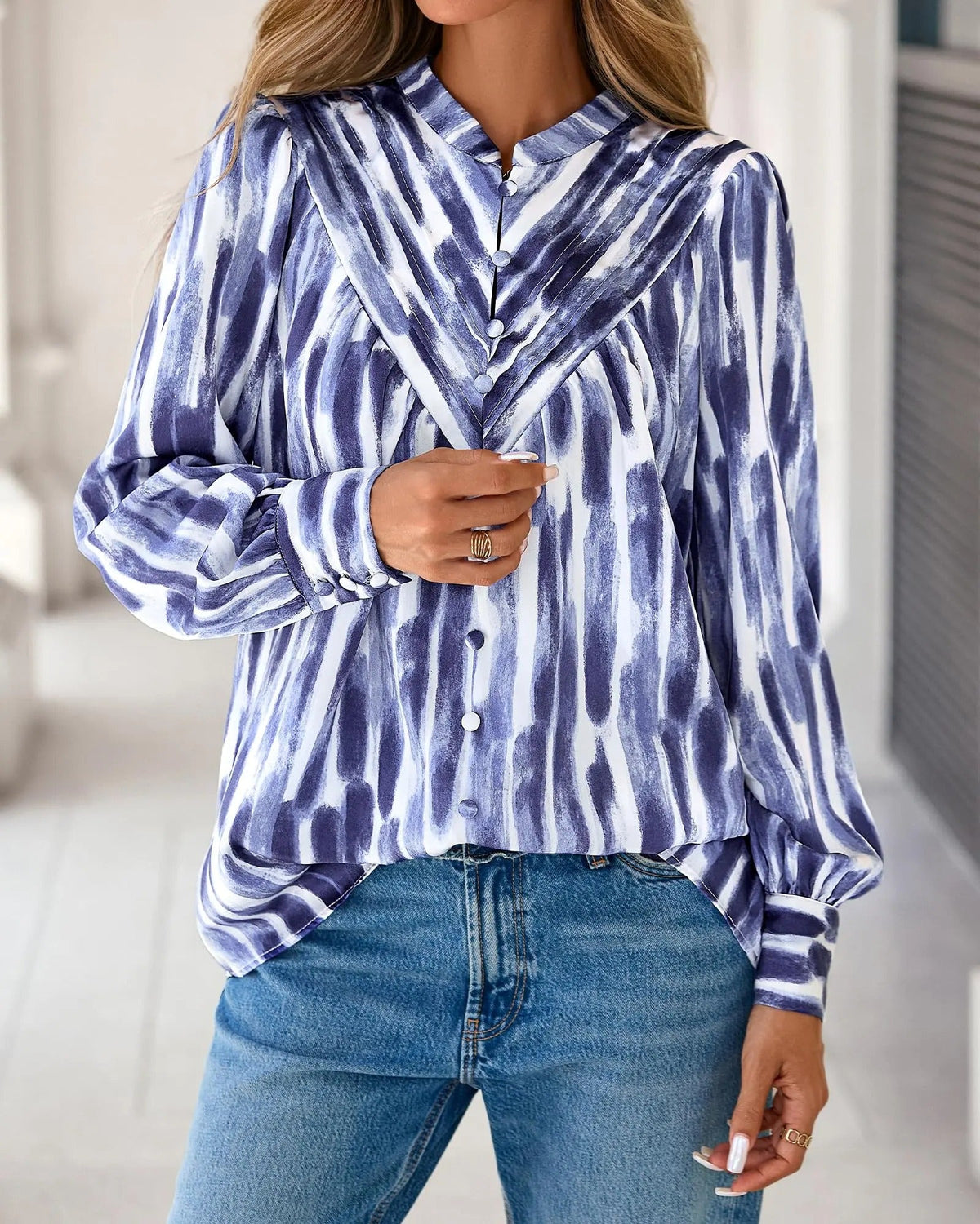 Women's Boho Floral V-Neck Half Button Down Blouse